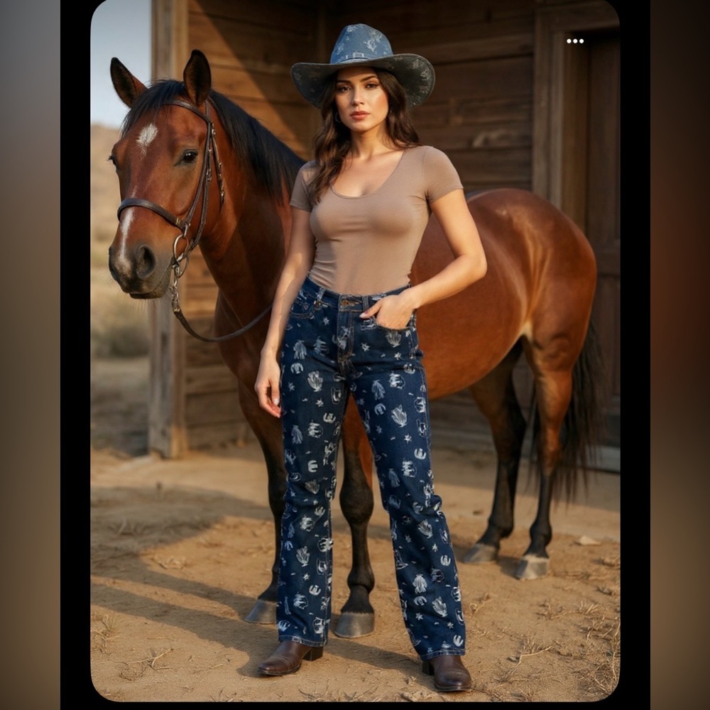 Women’s Navy Printed Bootcut Jeans - Casual Western Style
